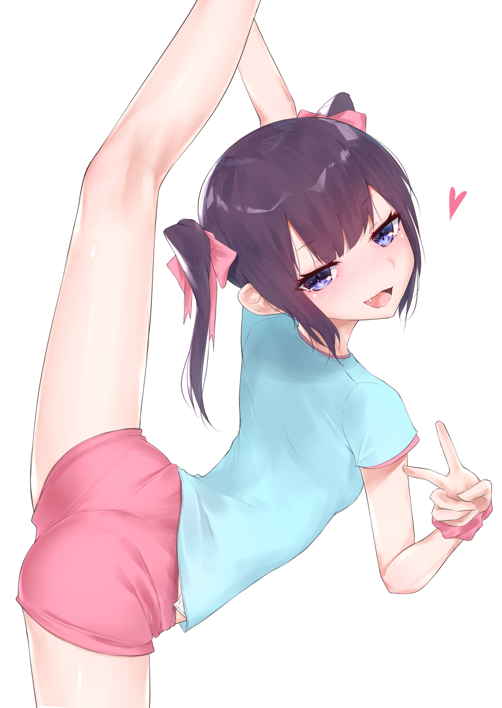 :d ass blue_eyes blue_shirt blush commentary fang flexible hair_ribbon heart highres kanju leg_up long_hair looking_at_viewer naughty_face open_mouth original pantylines pink_ribbon pink_shorts purple_hair ribbon shirt short_shorts shorts simple_background smile solo split standing standing_on_one_leg standing_split twintails v white_background