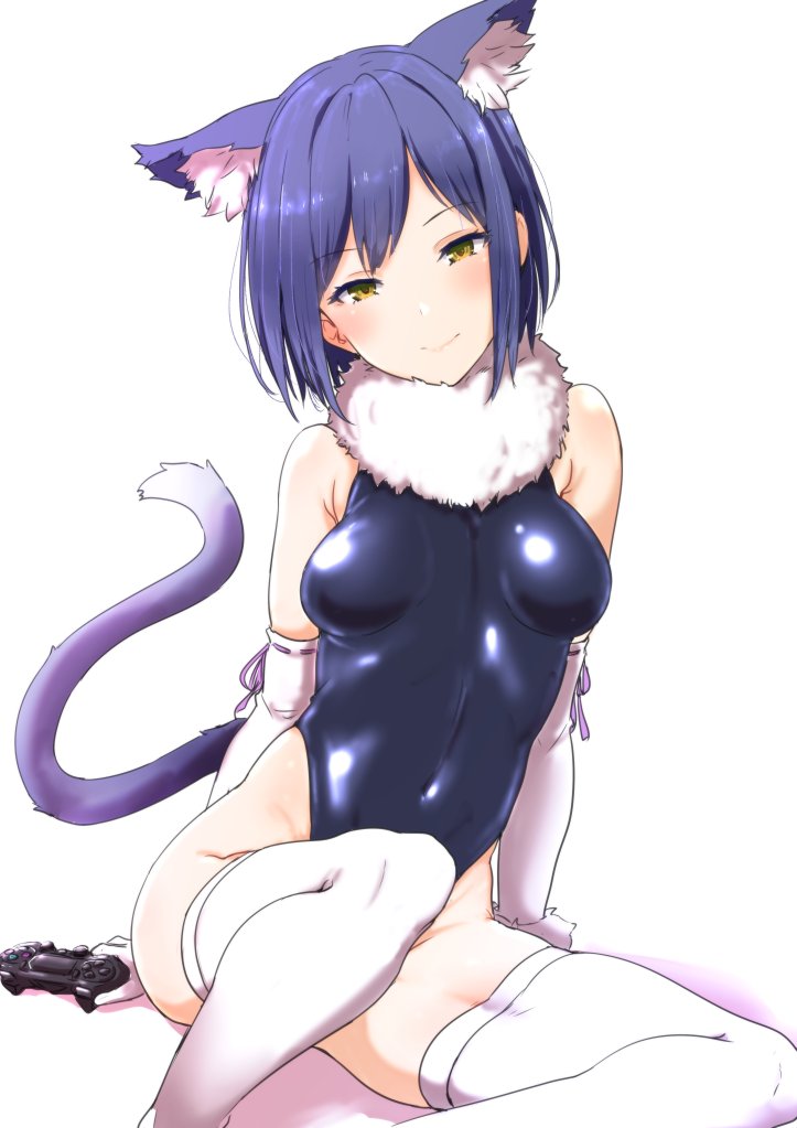 animal_ears blue_hair blush breasts cat_ears cat_tail clearite closed_mouth controller covered_navel dualshock elbow_gloves game_controller gamepad gloves head_tilt leotard looking_at_viewer medium_breasts nijisanji ribbon-trimmed_gloves ribbon_trim shiny shiny_clothes shizuka_rin short_hair simple_background sitting smile solo tail thighhighs virtual_youtuber white_gloves white_legwear yellow_eyes