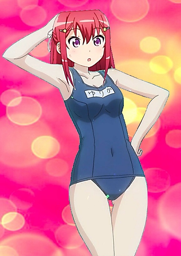 :o armpits artist_request bangs bare_arms bare_shoulders blunt_bangs collarbone covered_navel eyebrows_visible_through_hair hand_on_hip inou-battle_wa_nichijou-kei_no_naka_de kanzaki_tomoyo legs looking_at_viewer medium_breasts mound_of_venus name_tag raised_eyebrows school_swimsuit solo swimsuits thigh_gap very_long_hair