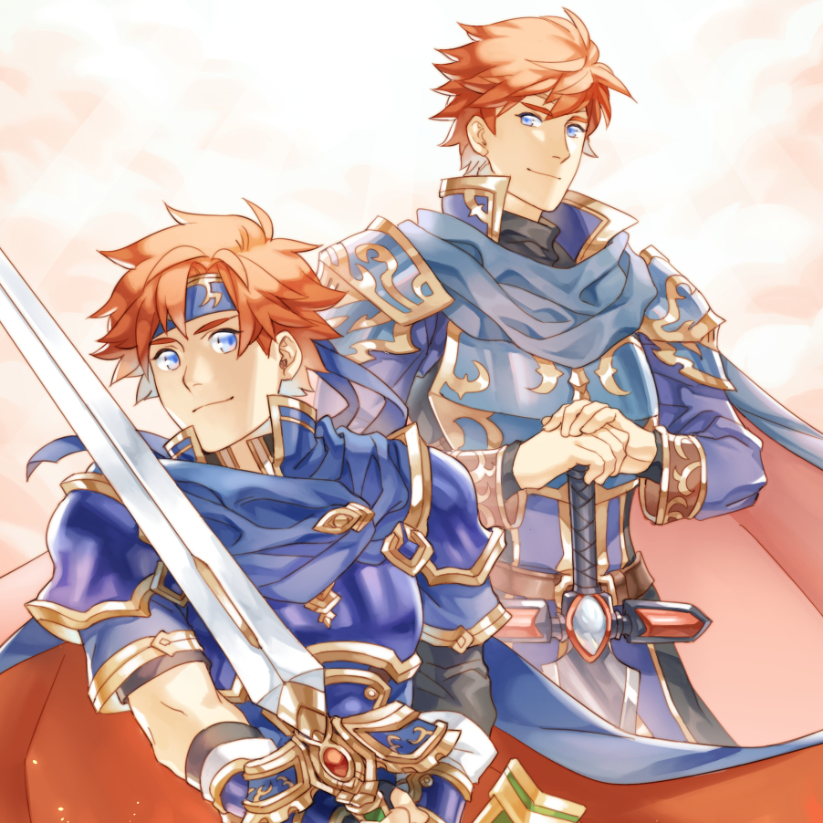 armor blue_eyes breastplate cape eliwood_(fire_emblem) father_and_son fire_emblem fire_emblem:_fuuin_no_tsurugi fire_emblem:_rekka_no_ken holding holding_sword holding_weapon looking_at_viewer multiple_boys pauldrons red_hair roy_(fire_emblem) smile sword weapon
