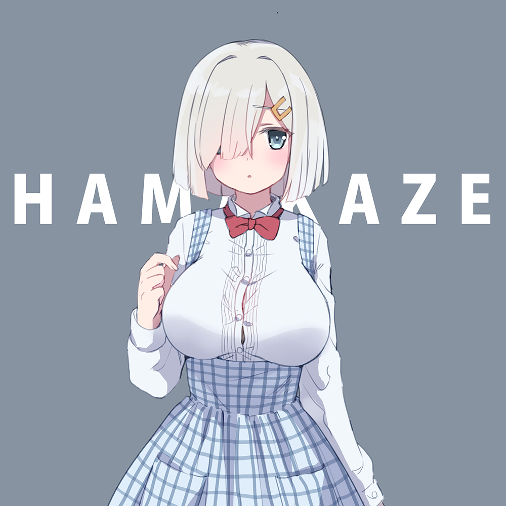 alternate_costume blue_eyes blue_skirt bow bowtie breasts bursting_breasts button_gap character_name commentary_request cowboy_shot emia_wang grey_background hair_ornament hair_over_one_eye hairclip hamakaze_(kantai_collection) high-waist_skirt kantai_collection koubeya_uniform large_breasts long_sleeves looking_at_viewer plaid plaid_skirt red_neckwear shirt short_hair silver_hair simple_background skirt solo suspenders white_shirt