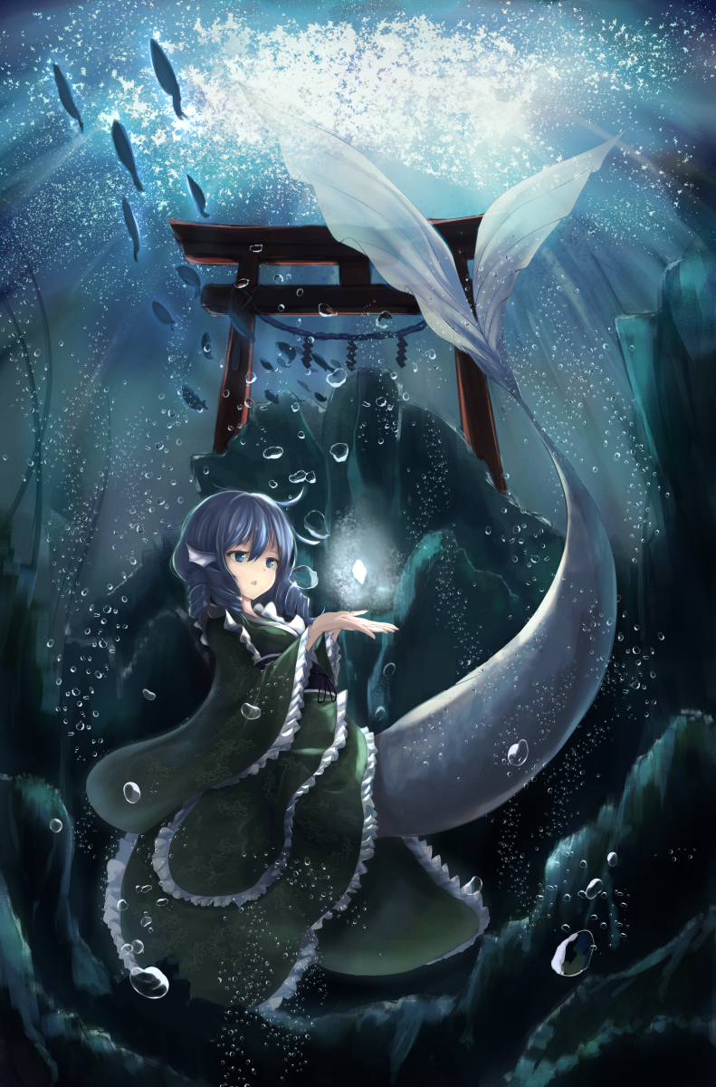 ahoge air_bubble blue_eyes blue_hair bubble drill_hair fish glowing green_kimono hair_between_eyes head_fins highres japanese_clothes kimono looking_to_the_side mermaid monster_girl obi open_hands rock rope sash school_of_fish shide shimenawa short_hair solo torii touhou triangle_mouth underwater wakasagihime yukitourou