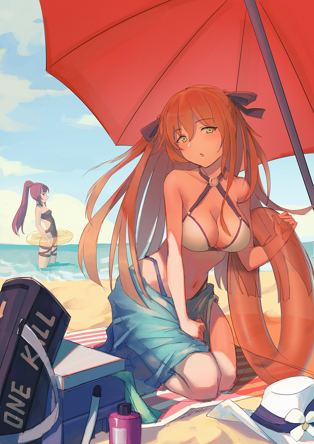 2girls :o alternate_costume alternate_hairstyle bangs bare_arms beach beach_mat bikini blue_sarong blue_sky blush breasts brown_hair choker cleavage collarbone commentary_request cooler day eyebrows_visible_through_hair girls_frontline green_eyes hair_between_eyes hair_ribbon hair_rings hand_on_legs hat hat_removed head_tilt headwear_removed highleg highleg_bikini highres holding innertube large_breasts leaning_forward long_hair looking_at_viewer lotion m1903_springfield_(girls_frontline) multiple_girls navel o-ring o-ring_top ocean one-piece_swimsuit open_mouth ponytail purple_hair red_eyes ribbon sand sarong seiza sidelocks sitting sky standing stomach sun_hat sunscreen swimsuit tareme thigh_strap thighs tsurime umbrella under_umbrella very_long_hair wa2000_(girls_frontline) water white_hat
