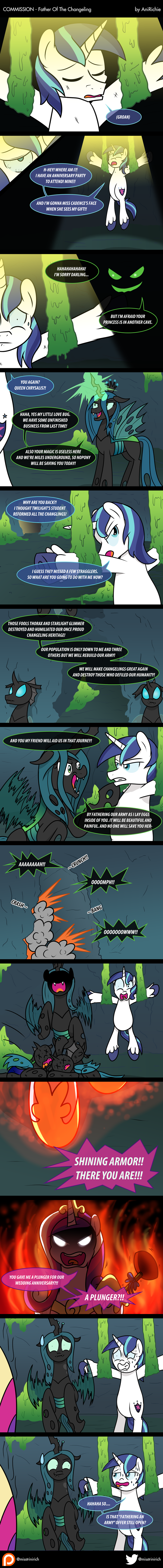 2017 absurd_res angry anirichie cave changeling comic crown cutie_mark dialogue english_text equine female feral friendship_is_magic group hair hi_res horn inside jewelry male mammal membranous_wings my_little_pony plunger princess_cadance_(mlp) queen_chrysalis_(mlp) royalty shining_armor_(mlp) text unicorn wings
