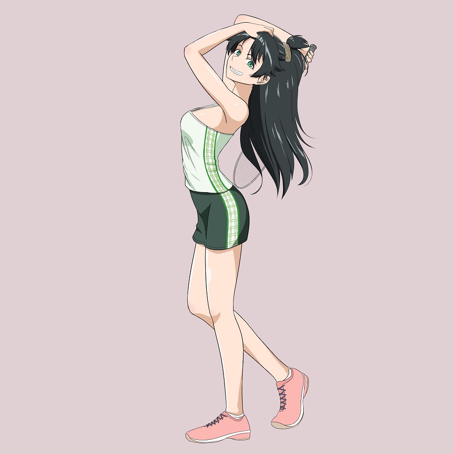 adjusting_hair arched_back badminton_racket bare_shoulders black_hair breasts camisole character_request from_side full_body green_eyes grin hair_ornament hairclip hand_on_own_head hanebado! head_back holding_racket kito_3_tyoki-tyoki long_hair looking_at_viewer medium_breasts miniskirt pink_footwear racket simple_background skirt smile solo standing