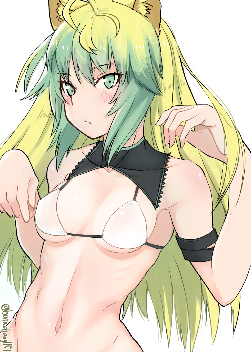 ahoge animal_ears armlet armpits atalanta_(fate) bangs bikini blonde_hair blush breasts cat_ears collarbone commentary_request detached_collar eyebrows_visible_through_hair fate/apocrypha fate/grand_order fate_(series) frown green_eyes green_hair highres long_hair looking_at_viewer medium_breasts multicolored_hair saku_(saku1151) simple_background solo standing swimsuit twitter_username two-tone_hair upper_body white_background white_bikini