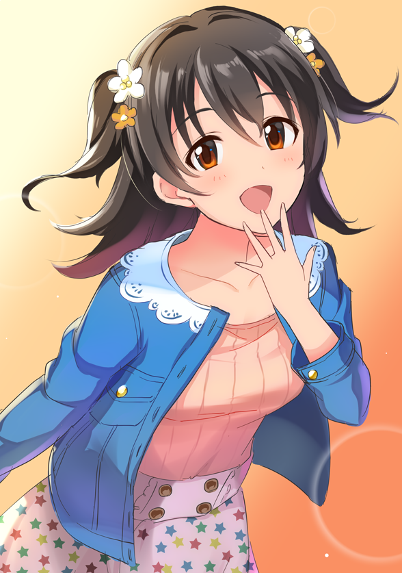 :d akagi_miria bangs black_hair blue_jacket blush breast_pocket collarbone comic commentary_request flower gradient gradient_background gradient_hair hair_flower hair_ornament hand_on_own_face hand_to_own_mouth hand_up idolmaster idolmaster_cinderella_girls jacket leaning_forward long_sleeves looking_at_viewer multicolored_hair multicolored_stars natsuya open_mouth orange_background pink_sweater pocket print_skirt purple_hair red_eyes skirt smile solo standing star star_print sweater tareme two_side_up white_skirt