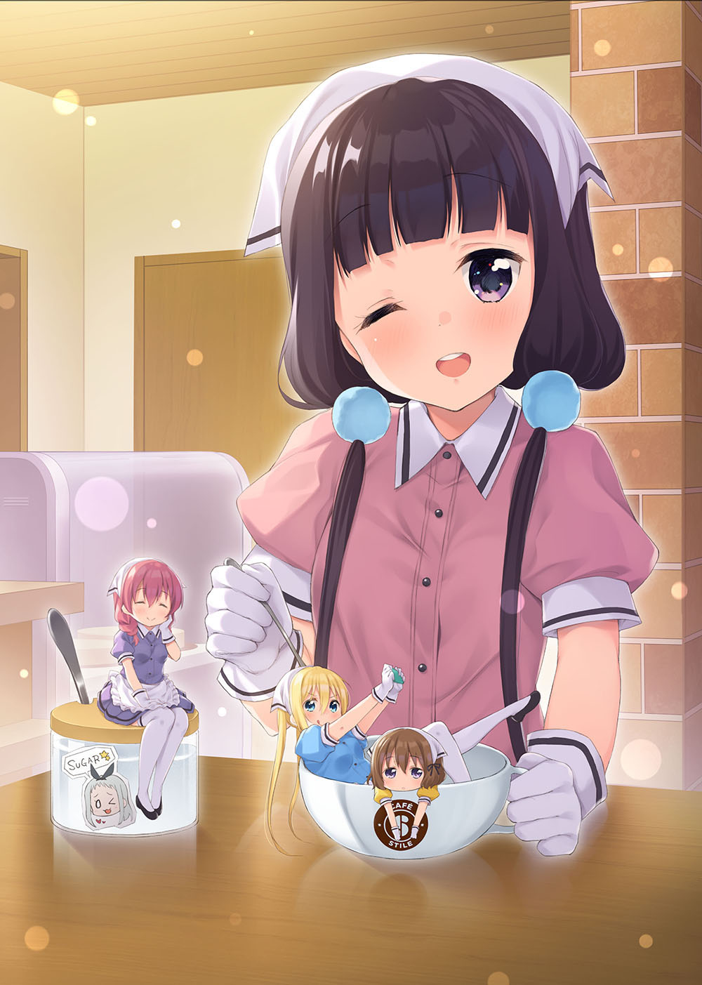 ;d amano_miu apron black_eyes black_footwear black_hair blend_s blonde_hair blue_shirt closed_eyes commentary_request cup dress_shirt eyebrows_visible_through_hair gloves hair_ornament hand_on_own_cheek highres hinata_kaho holding holding_spoon hoshikawa_mafuyu in_container in_cup indoors kanzaki_hideri lens_flare long_hair looking_at_viewer minase_shuu minigirl miniskirt multiple_girls one_eye_closed open_mouth pink_hair pink_shirt purple_shirt purple_skirt sakuranomiya_maika shirt short_hair short_sleeves sitting skirt smile spoon stile_uniform thighhighs twintails waitress white_apron white_gloves white_legwear yellow_shirt