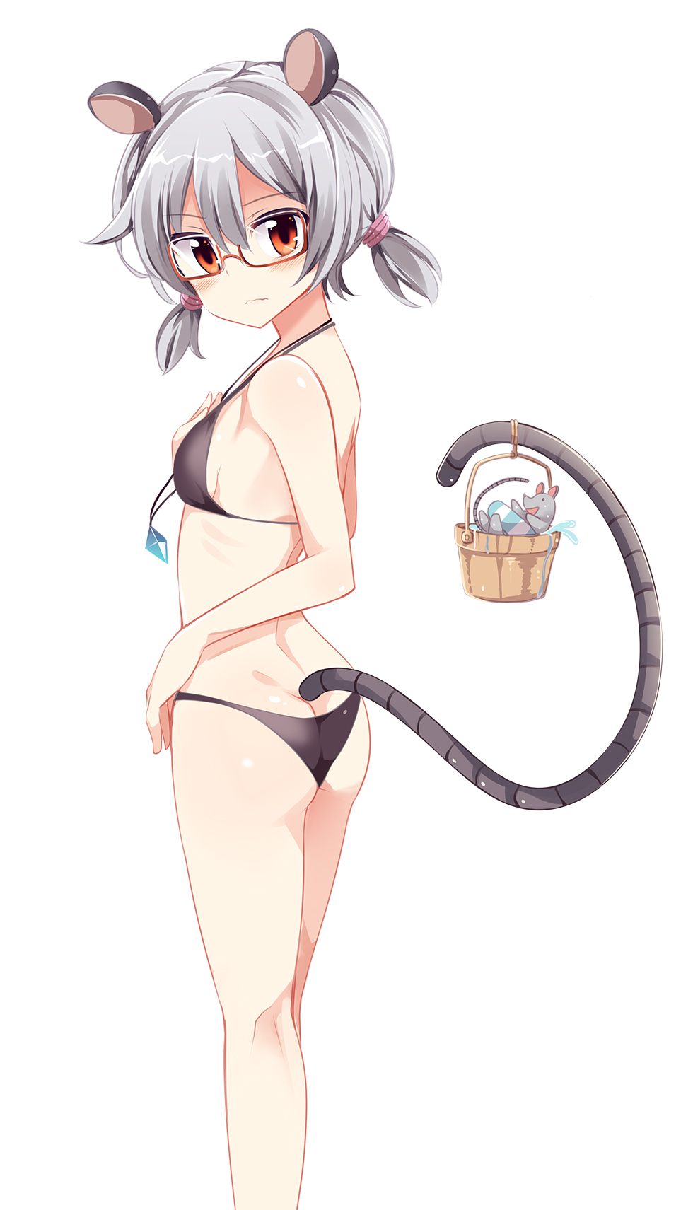 animal_ears ass bare_shoulders bespectacled bikini black_bikini blush breasts bucket glasses grey_hair halter_top halterneck highres jewelry looking_at_viewer low_twintails maturiuta_sorato mouse mouse_ears mouse_tail nazrin pendant red-framed_eyewear red_eyes semi-rimless_eyewear sideboob simple_background small_breasts solo standing swimsuit tail touhou twintails under-rim_eyewear water wavy_mouth white_background