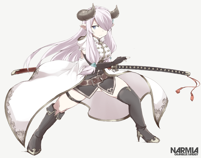 bad_id bad_twitter_id black_footwear black_gloves blue_eyes boots breasts character_name copyright_name draph elbow_gloves fingerless_gloves full_body gloves granblue_fantasy hair_over_one_eye holding holding_sword holding_weapon horns katana large_breasts lavender_hair long_hair narmaya_(granblue_fantasy) pointy_ears sheath sheathed simple_background sleeveless solo souji sword thigh_boots thighhighs weapon white_background