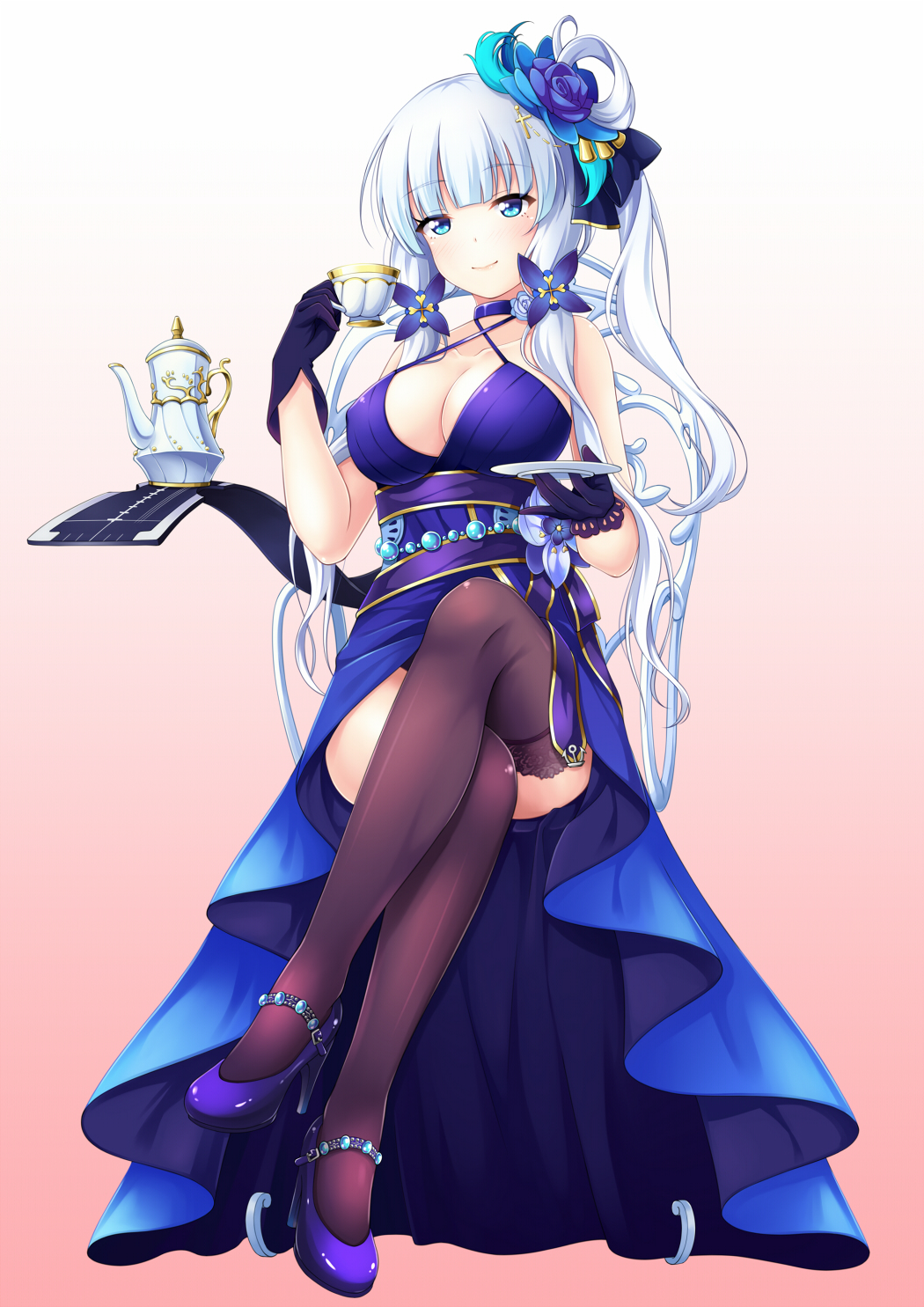 7nanappe ahoge alternate_costume artist_name azur_lane bangs black_footwear black_legwear blue_dress blue_eyes blue_gloves blush bow breasts chair character_name choker cleavage commentary covered_mouth crossed_legs cup dress dress_shoes elbow_gloves eyebrows_visible_through_hair flight_deck flower from_below gloves gradient gradient_background hair_bow hair_ornament hair_ribbon hair_rings high_heels highres holding holding_cup holding_saucer illustrious_(azur_lane) lace-trimmed_legwear large_breasts legs long_hair looking_at_viewer mole mole_under_eye on_chair ribbon sidelocks simple_background sitting sleeveless sleeveless_dress solo table teacup teapot thighhighs thighs tress_ribbon tri_tails white_hair