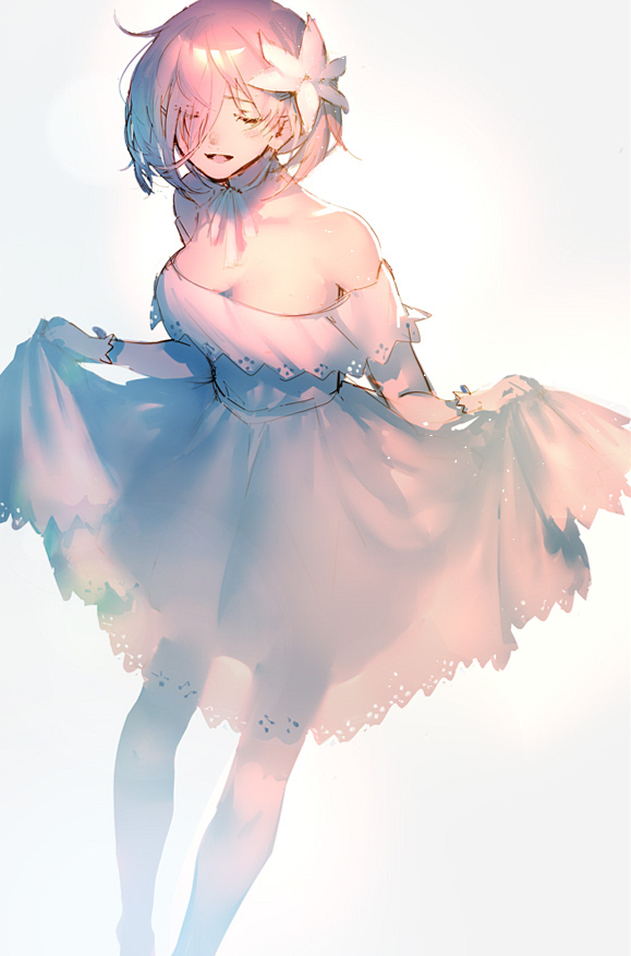 bangs bare_shoulders breasts cleavage dress eyes_visible_through_hair fate/grand_order fate_(series) flower gloves hair_between_eyes hair_flower hair_ornament hair_over_one_eye lace lace-trimmed_dress lace_trim legs_apart lifted_by_self mash_kyrielight mebaru medium_breasts off-shoulder_dress off_shoulder open_mouth pink_hair see-through short_hair skirt_hold smile solo white_dress white_flower white_gloves