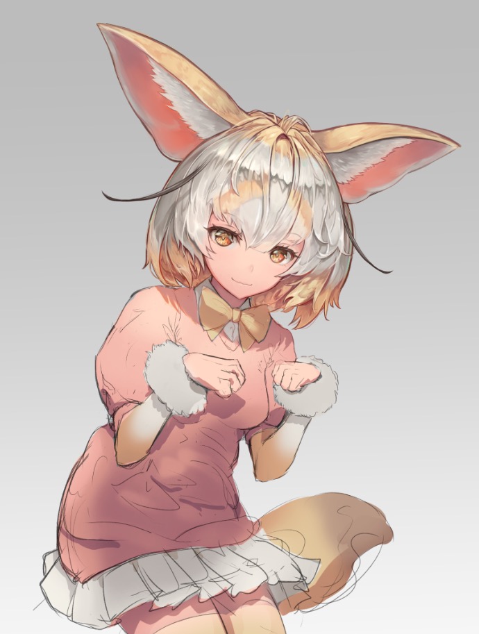 animal_ears blonde_hair bow bowtie brown_eyes cowboy_shot fennec_(kemono_friends) fox_ears fox_tail gradient gradient_background kawahara_ryuuta kemono_friends looking_at_viewer multicolored_hair pink_sweater puffy_short_sleeves puffy_sleeves short_hair short_sleeves silver_hair simple_background skirt smile solo sweater tail two-tone_hair white_skirt yellow_bow yellow_neckwear