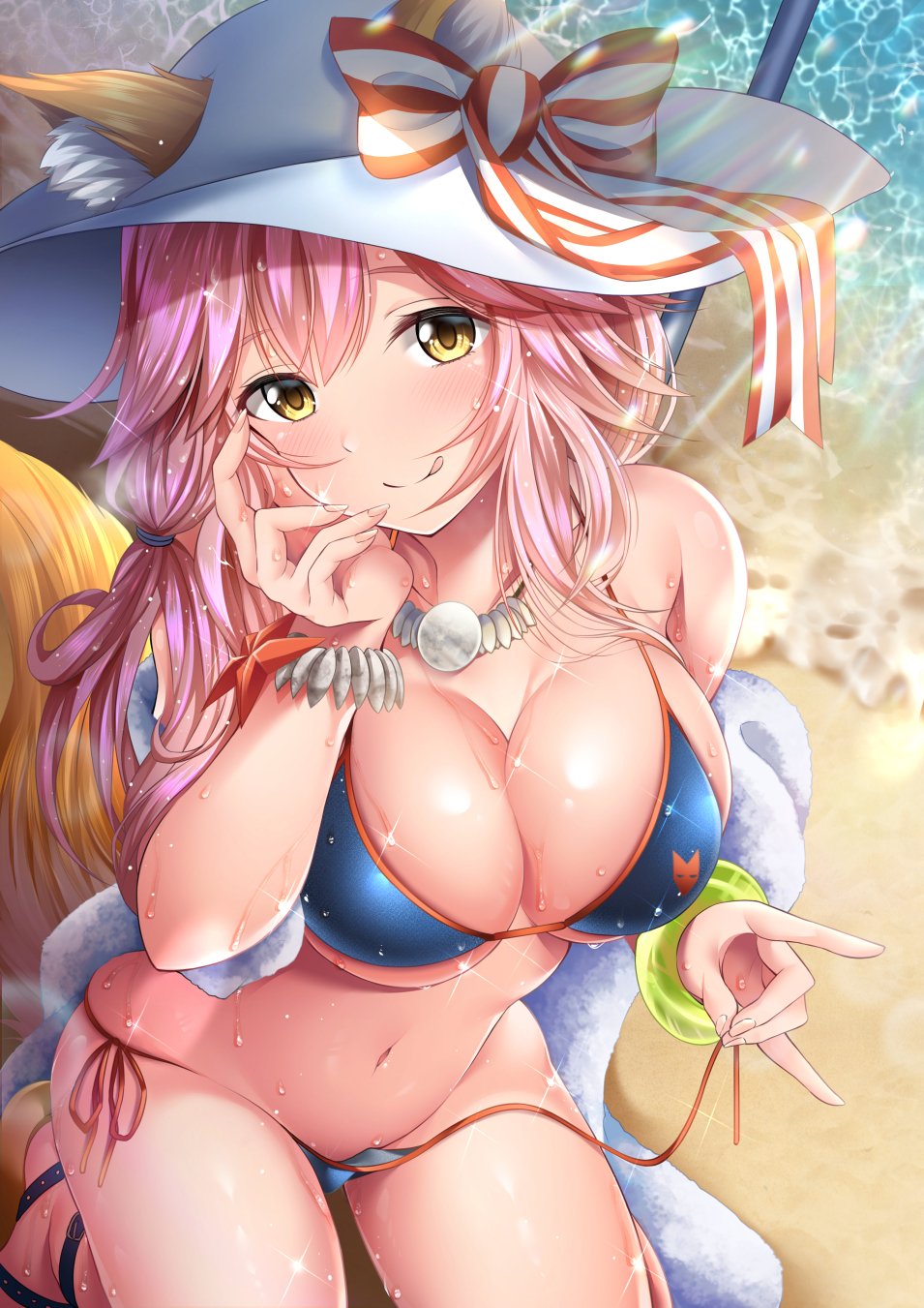 :q animal_ears bangs bare_shoulders beach bikini blue_bikini blush bow breasts cleavage closed_mouth collarbone day ears_through_headwear fate/grand_order fate_(series) fingernails fox_ears fox_tail garana groin hand_on_own_face hand_up hat hat_bow head_tilt highres kneeling large_breasts lens_flare light_rays long_fingernails long_hair looking_at_viewer naughty_face navel orange_ribbon outdoors pink_hair ribbon sand shiny shiny_skin side-tie_bikini skindentation smile solo sparkle starfish stomach string_bikini striped striped_bow sun_hat sunbeam sunlight swimsuit tail tamamo_(fate)_(all) tamamo_no_mae_(swimsuit_lancer)_(fate) tareme tongue tongue_out untied untied_bikini water water_drop wet wet_hair white_hat yellow_eyes