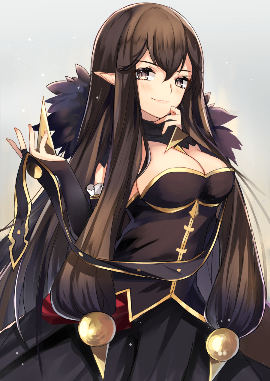 black_dress black_hair breasts bridal_gauntlets brown_eyes choker cleavage detached_sleeves dress fate/apocrypha fate_(series) grey_background hair_between_eyes highres large_breasts long_hair looking_at_viewer pointy_ears ry_thae semiramis_(fate) simple_background sleeveless sleeveless_dress smile solo standing strapless strapless_dress very_long_hair