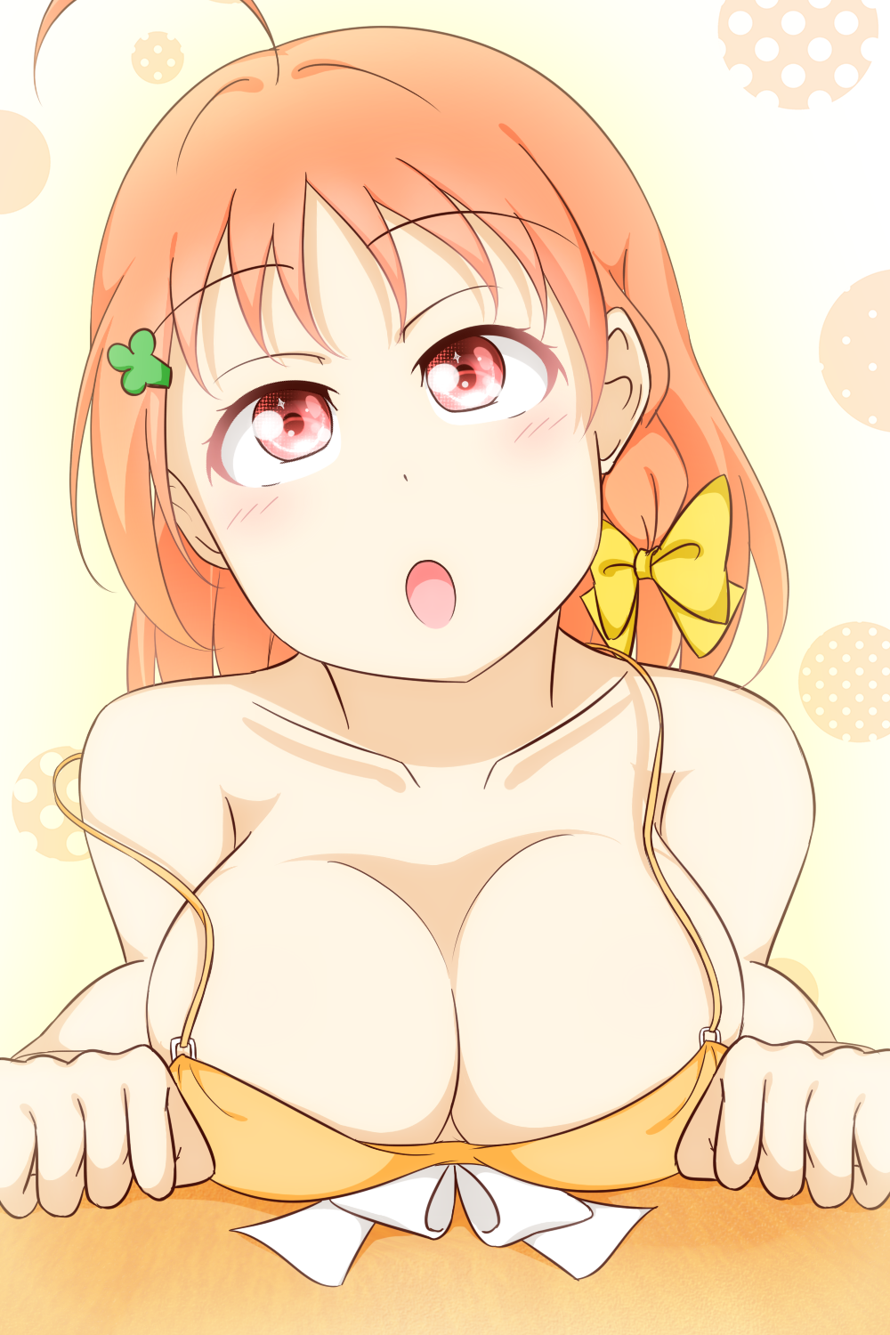 10s 1girl ahoge bare_shoulders blush braid breasts cleavage feitonokesin hair_ornament large_breasts looking_at_viewer love_live! love_live!_sunshine!! no_bra open_mouth orange_hair red_eyes short_hair solo strap_slip takami_chika upper_body