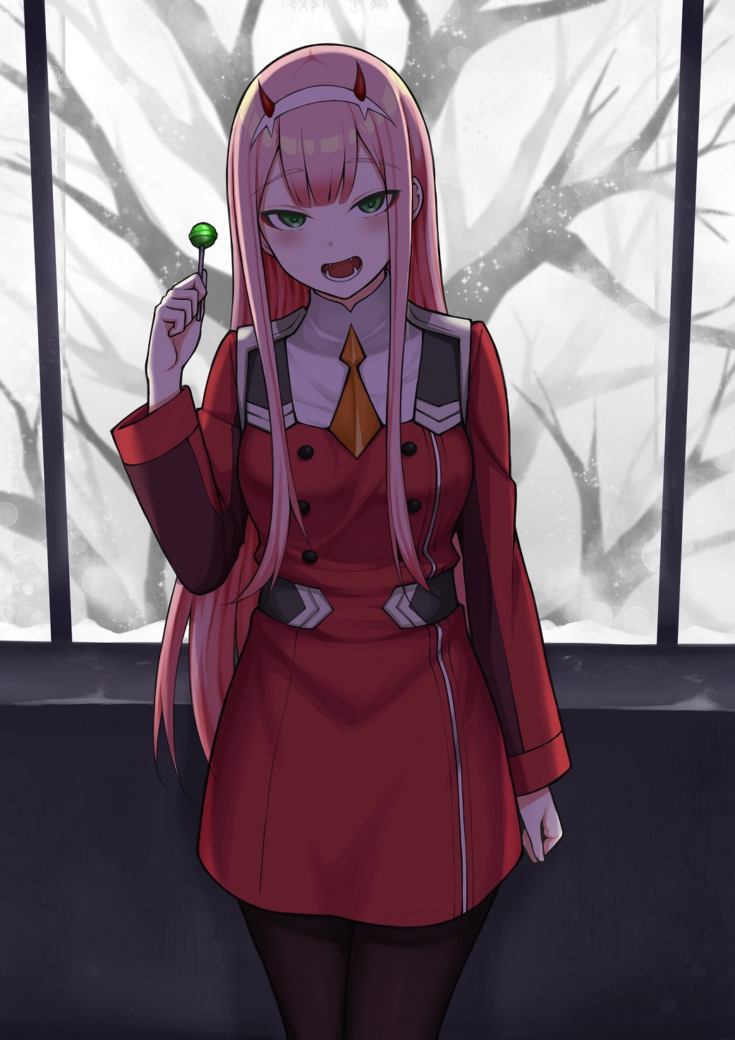bangs bare_tree black_legwear blush candy commentary darling_in_the_franxx dress eyebrows_visible_through_hair fangs food green_eyes head_tilt highres holding holding_lollipop horns indoors lollipop long_hair long_sleeves looking_at_viewer necktie open_mouth orange_neckwear pantyhose pink_hair red_dress shooene short_necktie sidelocks snow snowing solo tree very_long_hair zero_two_(darling_in_the_franxx)