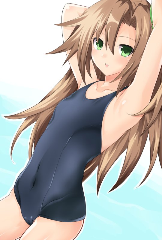 :o armpits arms_up asymmetrical_bangs bangs black_swimsuit blue_background blush brown_hair choujigen_game_neptune collarbone commentary_request competition_school_swimsuit covered_nipples cowboy_shot dutch_angle eyebrows_visible_through_hair flat_chest gradient gradient_background if_(choujigen_game_neptune) iwasi-r long_hair looking_at_viewer neptune_(series) one-piece_swimsuit parted_lips shiny shiny_hair skin_tight solo standing swimsuit very_long_hair