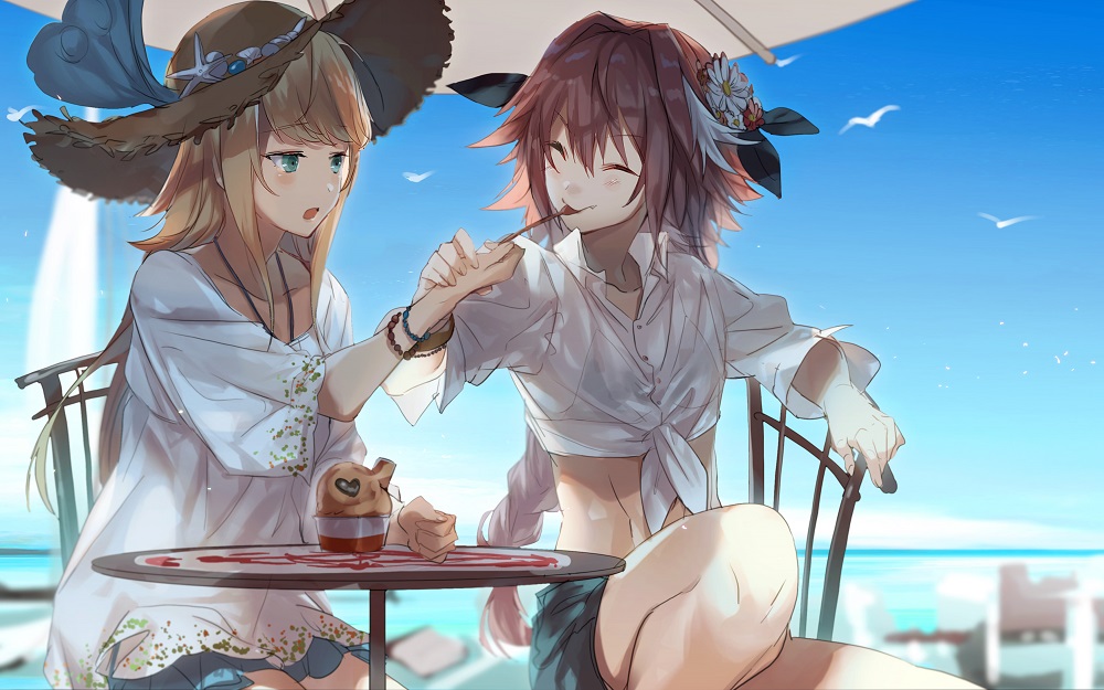 1other androgynous astolfo_(fate) bikini_top bird blonde_hair blue_sky blush braid chair chevalier_d'eon_(fate/grand_order) closed_eyes closed_mouth commentary_request crossdressing day facing_another fate/apocrypha fate/grand_order fate_(series) flower food green_eyes hair_flower hair_ornament hat ice_cream long_hair looking_at_another midriff multicolored_hair no-kan ocean open_mouth otoko_no_ko red_hair seagull shirt short_shorts shorts sitting sky smile spoon spoon_in_mouth streaked_hair sun_hat table tied_shirt white_shirt