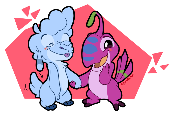 2018 2_toes 3_toes alien alpha_channel angoraram antennae blue_fur blush chest_tuft cute digital_drawing_(artwork) digital_media_(artwork) dipstick_antennae disney drowsy_(lilo_and_stitch) duo experiment_(species) eyes_closed fur hand_holding happy lax_(lilo_and_stitch) lilo_and_stitch open_mouth open_smile purple_body purple_eyes red_background signature simple_background smile tailwag toes tongue tongue_out tuft