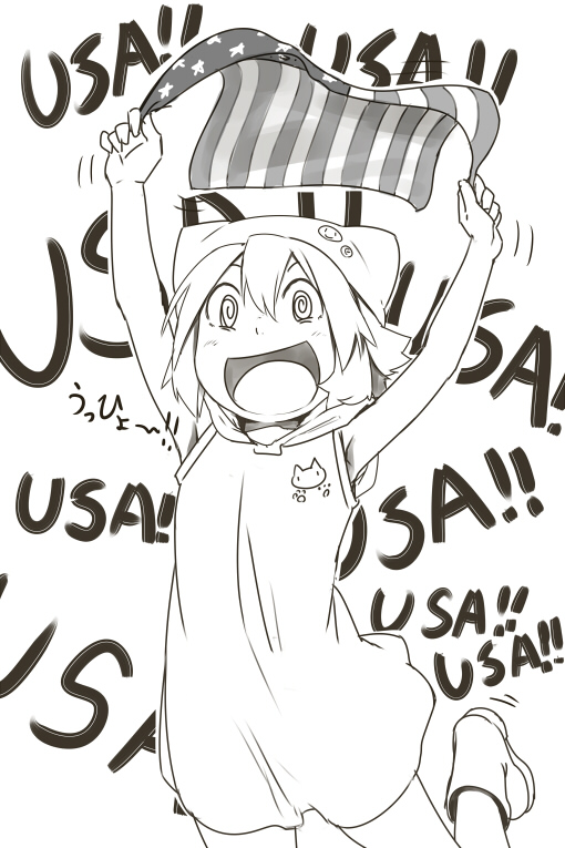 @_@ al_bhed_eyes american_flag animal_hat armpits arms_up bangs boots cat_hat cowboy_shot denchuubou dress excited greyscale hair_between_eyes happy hat hood hoodie hoodie_dress hoodie_vest jumping medium_hair monochrome open_mouth original paw_print pins short_dress sidelocks sleeveless sleeveless_dress smile vest wide-eyed