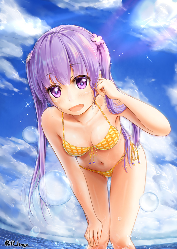 :d ass_visible_through_thighs bent_over bikini blush breasts cloud collarbone day eyebrows_visible_through_hair hand_on_own_knee lavender_hair lingerie_(aki3240) long_hair looking_at_viewer navel new_game! open_mouth outdoors purple_eyes side-tie_bikini sky small_breasts smile solo sparkle sunlight suzukaze_aoba swimsuit twintails twitter_username very_long_hair water_drop