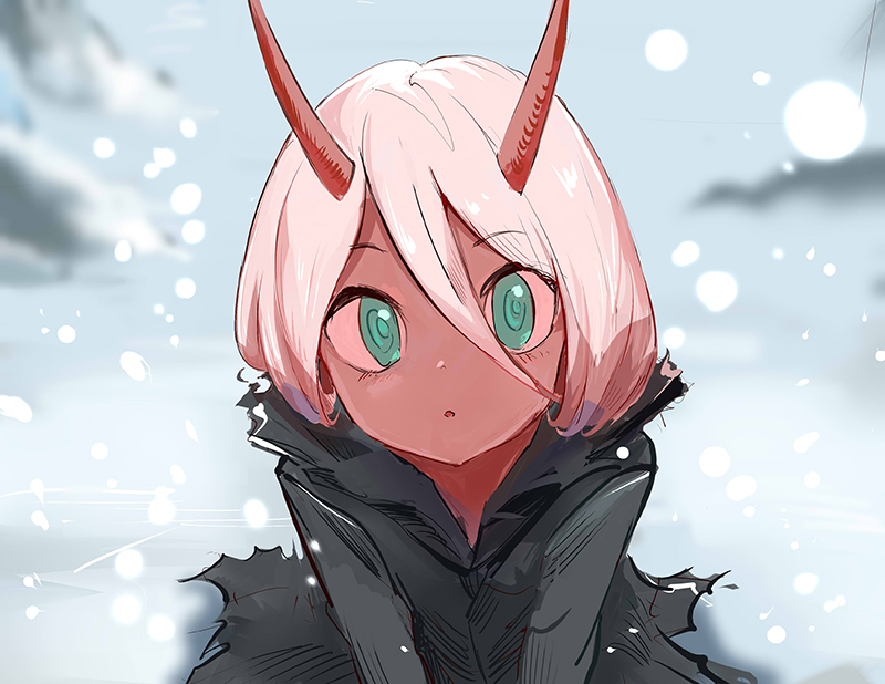 :o bangs child darling_in_the_franxx day eyebrows_visible_through_hair green_eyes hair_between_eyes long_hair looking_at_viewer oni oni_horns open_mouth outdoors red_skin robe silver_hair sishenfan sitting snow snowing solo spoilers straight_hair tareme upper_body wariza zero_two_(darling_in_the_franxx)