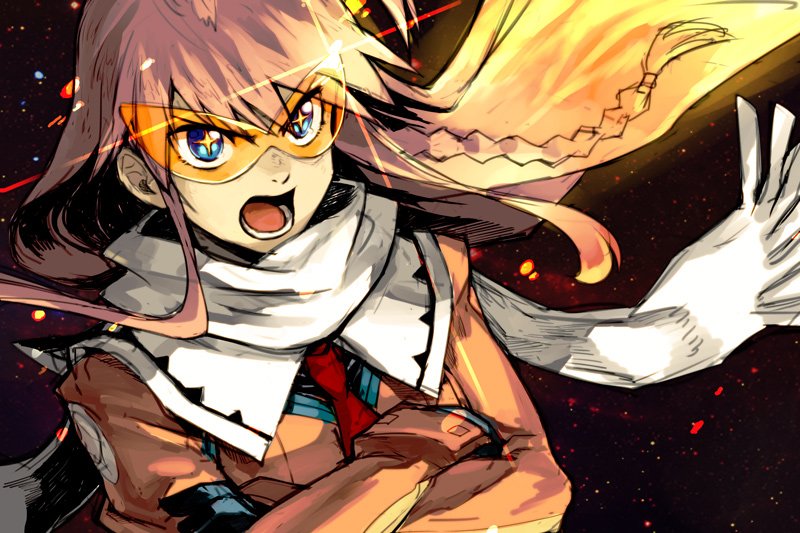 1girl black_background black_gloves blue_eyes braid commentary crossed_arms glint gloves hankuri long_hair long_sleeves necktie nono_(top_wo_nerae_2!) open_mouth pink_hair red_neckwear scarf solo sunglasses tinted_eyewear top_wo_nerae_2! white_scarf yellow-tinted_eyewear