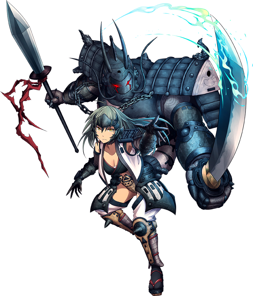 ahoge breasts cleavage dual_wielding fukui_(oshiro_project) full_body gloves glowing glowing_eyes green_hair hachimaki headband headpiece holding holding_spear holding_sword holding_weapon katana kei-suwabe large_breasts looking_at_viewer official_art oshiro_project oshiro_project_re polearm sarashi sleeveless spear sword tan transparent_background weapon yellow_eyes
