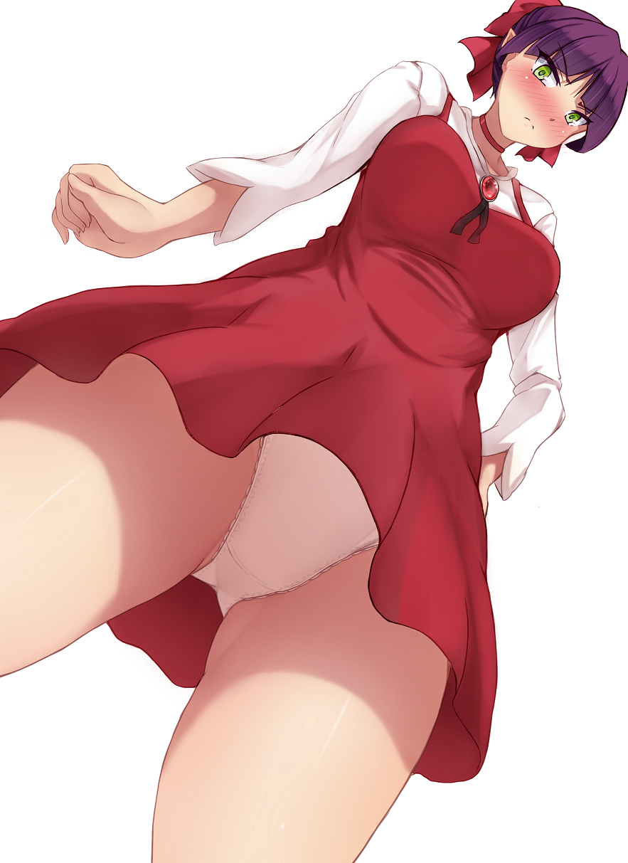 bangs blunt_bangs blush bow breasts cat_girl choker dress from_below frown gegege_no_kitarou gem glaring green_eyes groin hair_bow half-closed_eyes highres lace lace-trimmed_panties large_breasts long_sleeves looking_at_viewer nekomusume nekomusume_(gegege_no_kitarou_6) panties pointy_ears purple_hair red-dress red_bow short_dress simple_background standing thighs underwear upskirt white_background white_panties yuzumiya_mono
