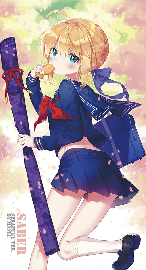ahoge artist_name artoria_pendragon_(all) bag bangs black_footwear blonde_hair blue_bow blue_sailor_collar blue_serafuku blue_shirt blue_skirt blush bow braid character_name commentary_request eyebrows_visible_through_hair fate/stay_night fate_(series) food green_eyes hair_between_eyes hair_bow hair_bun holding holding_food kneehighs loafers looking_at_viewer looking_back manle neckerchief petals pleated_skirt red_neckwear saber sailor_collar school_bag school_uniform serafuku shirt shoes sidelocks skirt solo taiyaki wagashi weapon_bag white_legwear