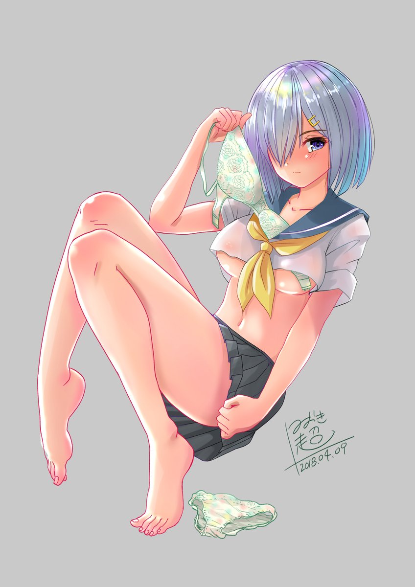 bad_id bad_pixiv_id bare_legs barefoot black_skirt blue_sailor_collar blush bra breasts closed_mouth crop_top crop_top_overhang dated expressionless feet full_body green_bra green_panties grey_background hair_ornament hair_over_one_eye hairclip hamakaze_(kantai_collection) highres invisible_chair kantai_collection looking_at_viewer medium_breasts miniskirt miokikoeru navel neckerchief nipples panties panties_removed pleated_skirt purple_eyes removing_bra sailor_collar see-through shiny shiny_hair short_sleeves signature silver_hair simple_background sitting skirt solo stomach toes underboob underwear undressing yellow_neckwear