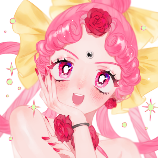 :d bangs bare_shoulders bishoujo_senshi_sailor_moon blurry blush cerecere_(sailor_moon) curly_hair depth_of_field face fingernails flower forehead_jewel frost_fog hair_ribbon hair_rings hand_on_own_cheek looking_at_viewer nail_polish open_mouth pink_eyes pink_flower pink_hair pink_nails pink_rose ribbon rose rose_earrings smile solo yellow_ribbon