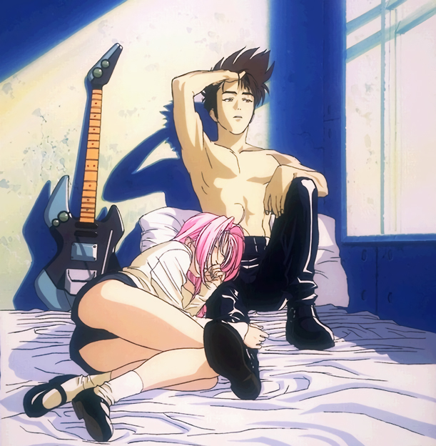 1girl 90s bare_chest black_footwear chest guitar hand_on_own_head indoors instrument long_hair long_sleeves lying macross macross_7 mary_janes mylene_jenius nekki_basara non-web_source official_art on_bed on_side pink_hair shiny shiny_clothes shirtless shoes short_shorts shorts sleeping white_legwear zentradi