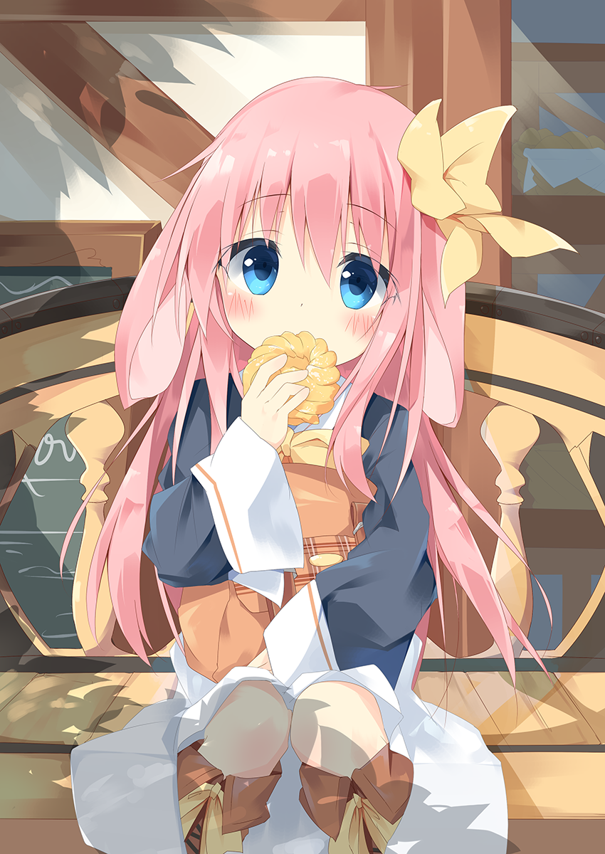 animal_ears back bangs bench black_jacket blue_eyes blush boots bow brown_footwear bunny_ears commentary_request covered_mouth day doughnut ears_down eyebrows_visible_through_hair food french_cruller hair_between_eyes hair_bow head_tilt highres holding holding_food jacket knee_boots kushida_you long_sleeves looking_at_viewer object_hug on_bench original outdoors pink_hair sitting sitting_on_bench skirt sleeves_past_wrists solo white_skirt wide_sleeves yellow_bow