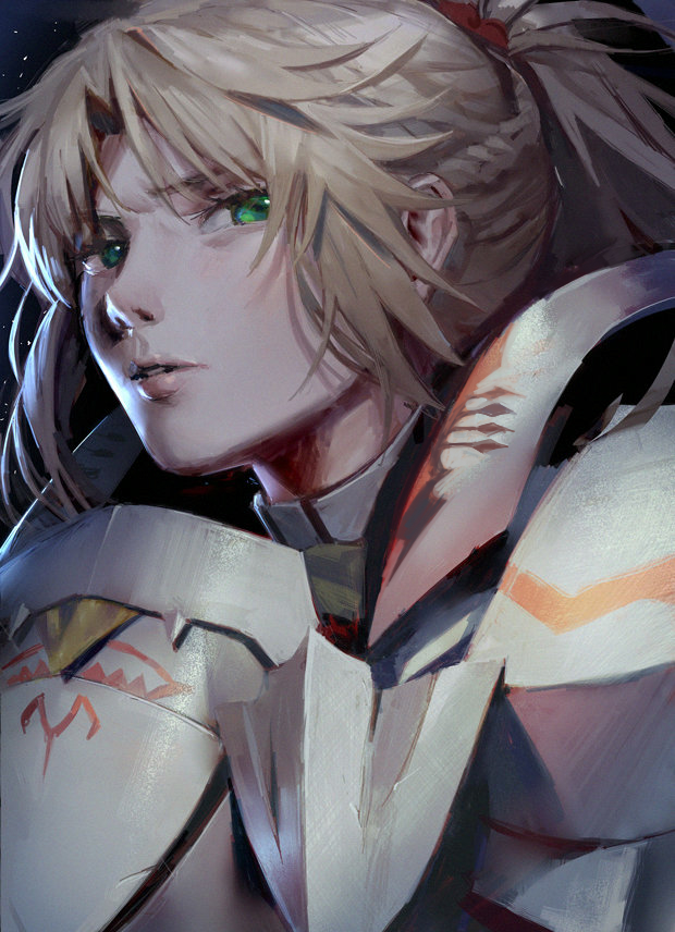 armor bangs blonde_hair braid breastplate eyebrows eyelashes fate/apocrypha fate_(series) french_braid full_armor green_eyes hair_intakes hair_ornament hair_scrunchie lips mebaru mordred_(fate) mordred_(fate)_(all) nose parted_lips pauldrons ponytail portrait realistic red_scrunchie scrunchie short_hair sidelocks solo upper_body