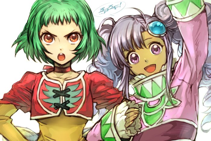 :d ahoge commentary crop_top drill_hair farah_oersted green_hair hair_ornament hand_up hankuri jacket long_hair long_sleeves looking_at_viewer meredy multiple_girls open_mouth puffy_short_sleeves puffy_sleeves purple_eyes purple_hair red_eyes red_jacket round_teeth shirt short_sleeves smile tales_of_(series) tales_of_eternia teeth translation_request twin_drills waving yellow_shirt