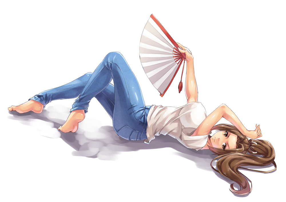 alternate_costume arched_soles arm_up barefoot breasts brown_eyes brown_hair casual chinese_commentary commentary_request denim fan fatal_fury feet folding_fan from_side full_body hair_intakes hand_on_own_head holding holding_fan jeans knees_up large_breasts long_hair looking_at_viewer lying on_back pants ponytail shinkaui shiranui_mai shirt simple_background smile soles solo tassel the_king_of_fighters