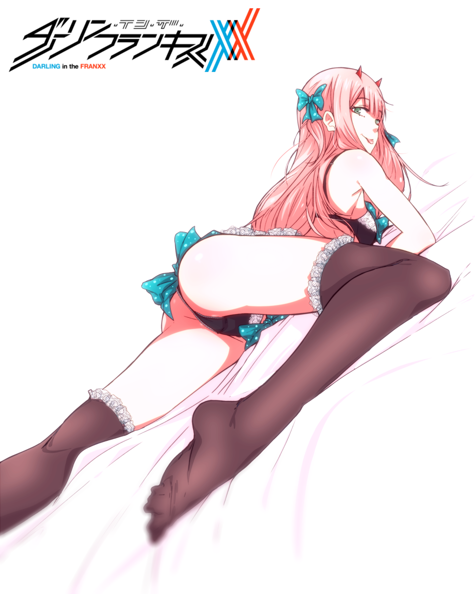 ass bed_sheet black_bra black_legwear black_panties bow bra breasts copyright_name darling_in_the_franxx green_eyes hair_bow highres horns lace lace-trimmed_bra lace-trimmed_panties lace-trimmed_thighhighs long_hair looking_at_viewer looking_back lying medium_breasts on_stomach panties pink_hair sbel02 simple_background solo thighhighs thong tongue tongue_out underwear underwear_only white_background zero_two_(darling_in_the_franxx)