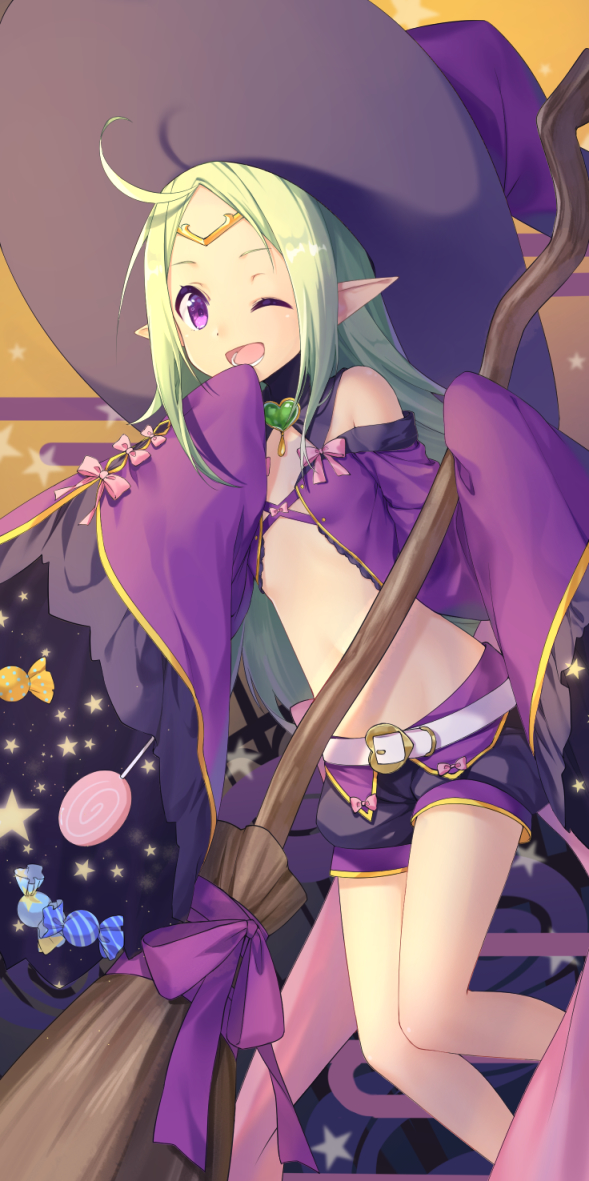 ;d bare_shoulders belt belt_buckle black_shorts blush bow breasts broom buckle candy candy_wrapper fire_emblem fire_emblem:_kakusei fire_emblem_heroes food green_hair hat heart heart_buckle holding holding_broom lollipop long_hair long_sleeves looking_at_viewer mamkute nono_(fire_emblem) one_eye_closed open_mouth pink_bow pointy_ears purple_eyes purple_hat purple_shirt shirt short_shorts shorts sidelocks sleeves_past_fingers sleeves_past_wrists small_breasts smile solo star swirl_lollipop transistor very_long_hair white_belt wide_sleeves witch_hat