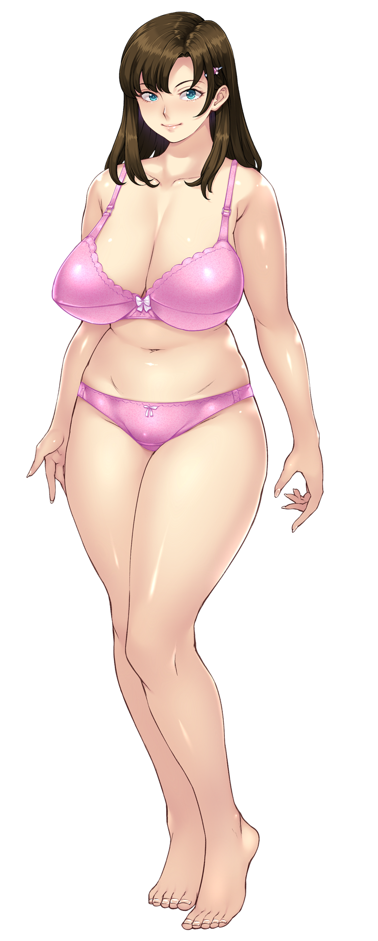 1girl aqua_eyes bangs bare_arms bare_legs bare_shoulders barefoot blue_eyes blush bra breasts brown_hair cleavage closed_mouth daremo_ga_kanojo_wo_neratteru feet full_body game_cg highres huge_breasts legs long_hair long_image looking_at_viewer navel orcsoft orushibu panties pink_bra pink_panties shiny shiny_clothes simple_background smile solo standing thighs toes transparent_background underwear