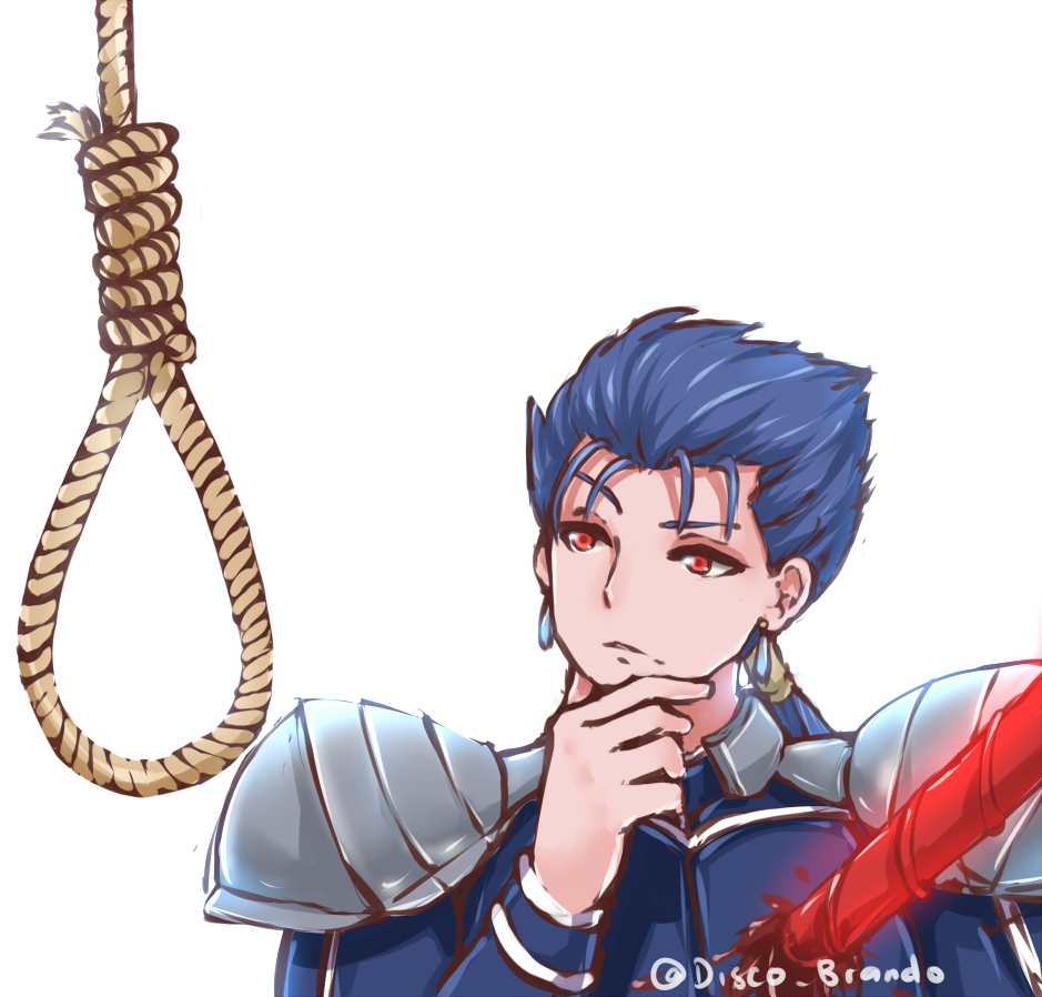 blood blue_bodysuit blue_hair bodysuit commentary disco_brando emoji english_commentary fate/stay_night fate_(series) gae_bolg hand_on_own_chin impaled injury lancer long_hair male_focus man_looking_at_noose_(meme) meme noose parted_lips pauldrons ponytail red_eyes solo spoilers thinking transparent_background twitter_username upper_body