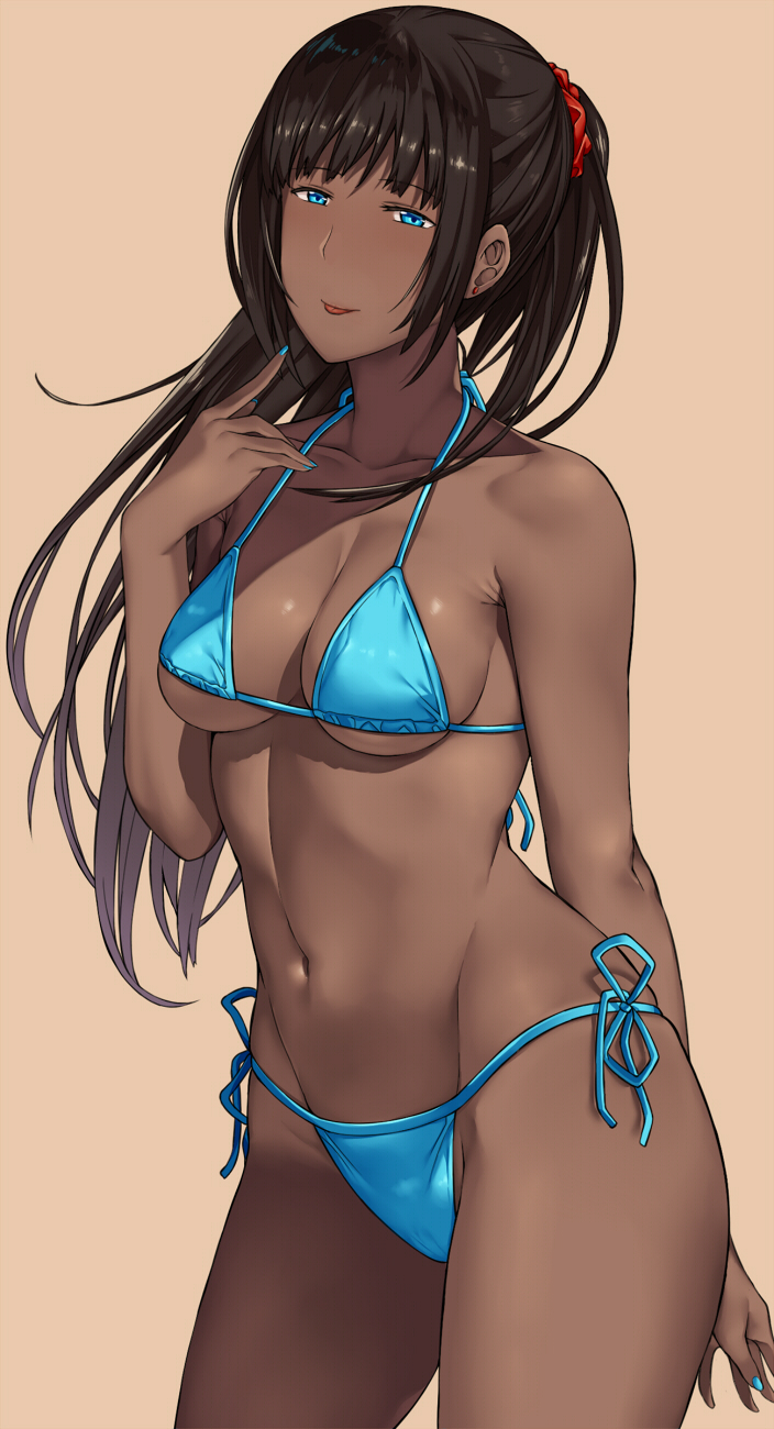 3 arm_behind_back bangs bare_arms bikini black_hair blue_bikini blue_eyes blue_nails breasts closed_mouth commentary_request dark_skin eyebrows_visible_through_hair hai_ookami hair_ornament hair_scrunchie highres long_hair looking_at_viewer medium_breasts nail_polish navel nose number original ponytail red_scrunchie revision scrunchie side-tie_bikini simple_background smile solo standing swimsuit tongue tongue_out very_long_hair