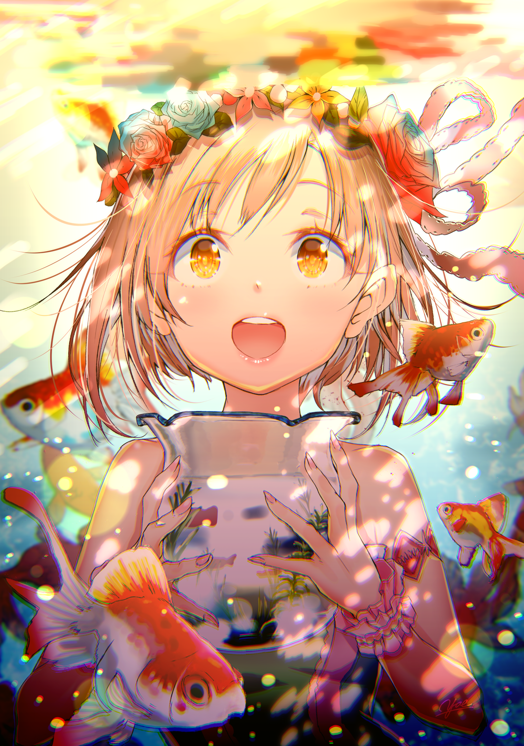 aiba_yumi air_bubble bare_shoulders blonde_hair blush brown_eyes bubble commentary_request fish fish_tank floating_hair flower goldfish hair_flower hair_ornament hair_ribbon headband highres holding idolmaster idolmaster_cinderella_girls looking_at_viewer open_mouth pink_scrunchie ribbon scrunchie short_hair smile solo submerged underwater water wrist_scrunchie yae_(mono110)