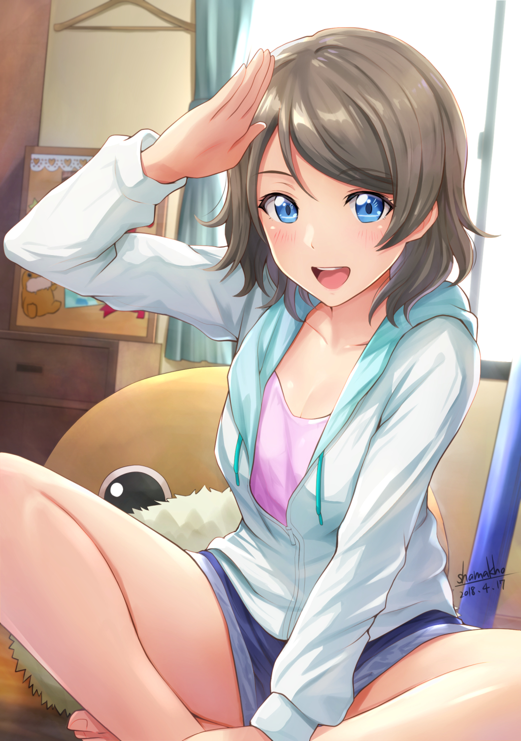 bedroom blue_eyes eyebrows_visible_through_hair grey_hair highres hood hood_down hooded_jacket hoodie indian_style jacket looking_at_viewer love_live! love_live!_sunshine!! open_clothes open_hoodie open_mouth salute shamakho short_hair sitting smile solo uchicchii watanabe_you window