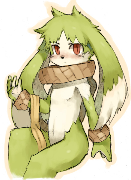 5_fingers blush collar feline fur green_fur king_of_sorrow klonoa_(series) long_ears mammal mostly_nude multicolored_fur navel red_eyes ricosye royalty simple_background sitting two_tone_ears two_tone_fur white_fur