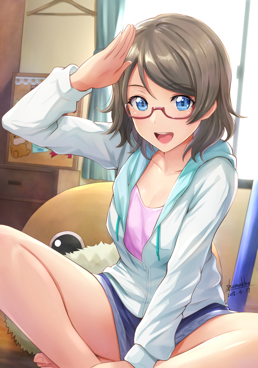 bedroom blue_eyes eyebrows_visible_through_hair glasses grey_hair highres hood hood_down hooded_jacket hoodie indian_style jacket looking_at_viewer love_live! love_live!_sunshine!! open_clothes open_hoodie open_mouth red-framed_eyewear salute semi-rimless_eyewear shamakho short_hair sitting smile solo stuffed_animal stuffed_toy uchicchii under-rim_eyewear watanabe_you window