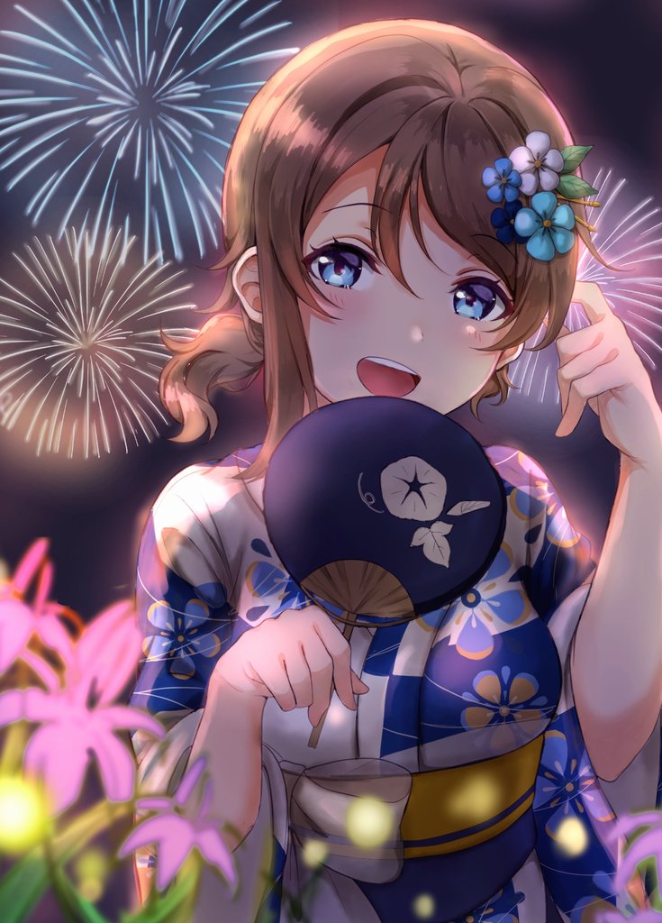 :d alternate_hairstyle blue_eyes brown_hair fan fireworks floral_print flower grey_hair hair_between_eyes hair_flower hair_ornament hairpin hands_up japanese_clothes kimono looking_at_viewer love_live! love_live!_sunshine!! mia_(fai1510) night obi open_mouth paper_fan ponytail sash short_hair sidelocks smile solo uchiwa upper_body watanabe_you wide_sleeves