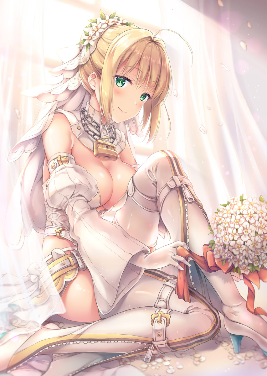 ahoge bangs bare_shoulders belt blonde_hair blush bouquet breast_press breasts bridal_veil buckle center_opening chain cleavage closed_mouth curtains day detached_collar detached_sleeves eyebrows_visible_through_hair falling_petals fate/extra fate/extra_ccc fate_(series) flower gloves green_eyes hair_bun hair_intakes head_tilt head_wreath high_heels highres indoors jewelry knee_up large_breasts leotard light_particles light_rays lock long_sleeves looking_at_viewer nero_claudius_(bride)_(fate) nero_claudius_(fate)_(all) on_floor padlock partially_unzipped petals red_ribbon ribbon ring shiny shiny_clothes shiny_hair shiny_skin short_hair sidelocks sideways_glance sitting smile solo strapless strapless_leotard sunlight thigh_strap thighhighs translucent veil wedding_ring white_belt white_flower white_footwear white_gloves white_legwear white_leotard white_sleeves wide_sleeves wind window yuriko zipper_pull_tab