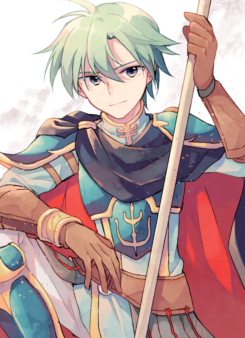 armor blue_eyes bracelet cape ephraim fire_emblem fire_emblem:_seima_no_kouseki gloves green_hair holding holding_spear holding_weapon jewelry looking_at_viewer male_focus pauldrons polearm sisuko1016 smile solo spear weapon